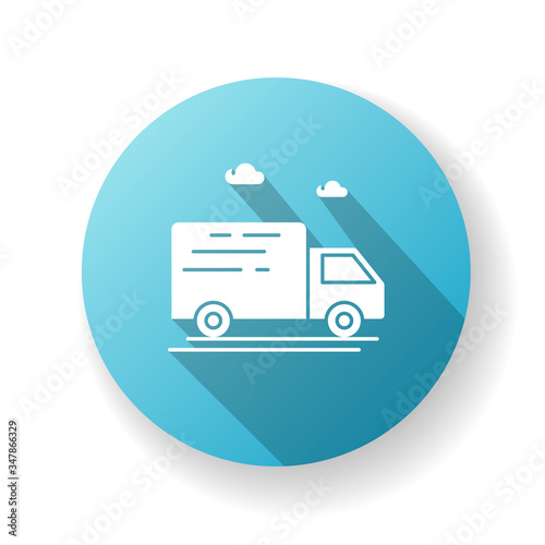 Delivery truck blue flat design long shadow glyph icon. Fast cargo shipping. Merchandise distribution. Courier car service. Express ground transportation. Silhouette RGB color illustration