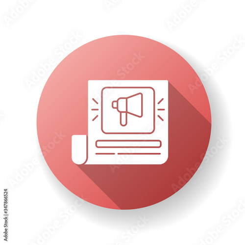News red flat design long shadow glyph icon. Page with announcement. Sheet of paper with loudspeaker sign. Latest correspondence print text. Daily article. Silhouette RGB color illustration