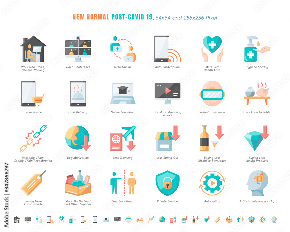 Simple Set of New Normal After Coronavirus 2019 or Covid-19 Ends Related. Such as Work from Home, Streaming, Online Shopping, Supply Recalibration. Flat Color Design Icons Vector. 64x64 Pixel. Simple Set of New Normal After Coronavirus 2019 or Covid-19 Ends Related. Such as Work from Home, Streaming, Online Shopping, Supply Recalibration. Flat Color Design Icons Vector. 64x64 Pixel.