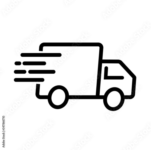 Fast delivery truck, line symbol on white background, icon.