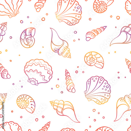 Fresh colorful seamless pattern with various shells, clams and snails - vibrant under water background, great for ocean themes, beach fabrics, summer textiles or background, wallpapers - vector