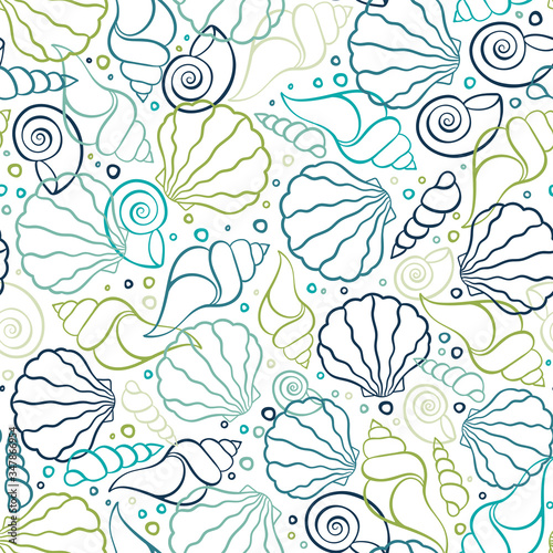 Fresh colorful seamless pattern with various shells, clams and snails - vibrant under water background, great for ocean themes, beach fabrics, summer textiles or background, wallpapers - vector