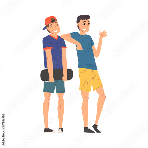 Teen Boys Standing Together with Skateboard, Guys Talking and Gesturing Cartoon Vector Illustration