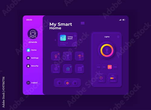 My smart home tablet interface vector template. Mobile app page night mode design layout. Household equipment management screen. Flat UI for application. IOT settings on portable device display