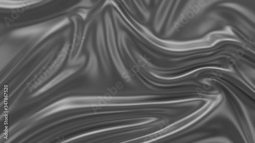 3D illustration of grey brilliant glossy gradient of wavy cloth surface that forms ripples like in liquid surface or folds in tissue. Silver metal silky fabric with folds.