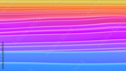 Rows of colorful red  pink  blue  orange and yellow stripes waving and swaying. Geometric abstract background with bright rainbow strips rippling 3D illustration. Vibrant motion graphics backdrop 