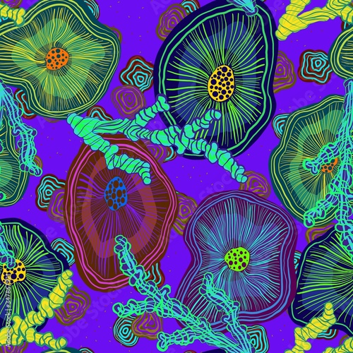 Abstract vector pattern suitable for printing children s prints on textiles  fabrics  clothes  boys  girls. Bright psychedelic ornament coral reefs with flowers. Reef in the ocean blooms. Underwater