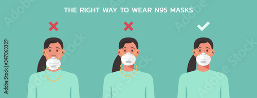 the right way to wear n95 face masks infographic concept, woman wearing masks to prevent the virus spreading, flu, disease, coronavirus, air pollution, vector flat illustration