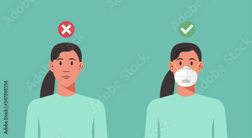 correct and wrong way to wear n95 face mask infographic concept, woman with protective respirator prevent virus spreading, flu, disease, coronavirus infection, air pollution, vector flat illustration