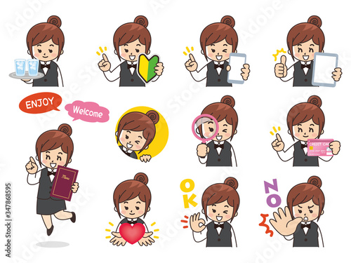 ウェイトレスの女性バリエーション　初心者マーク　スマートフォン　タブレット　虫眼鏡　クレジットカード　ハート　OK　NO