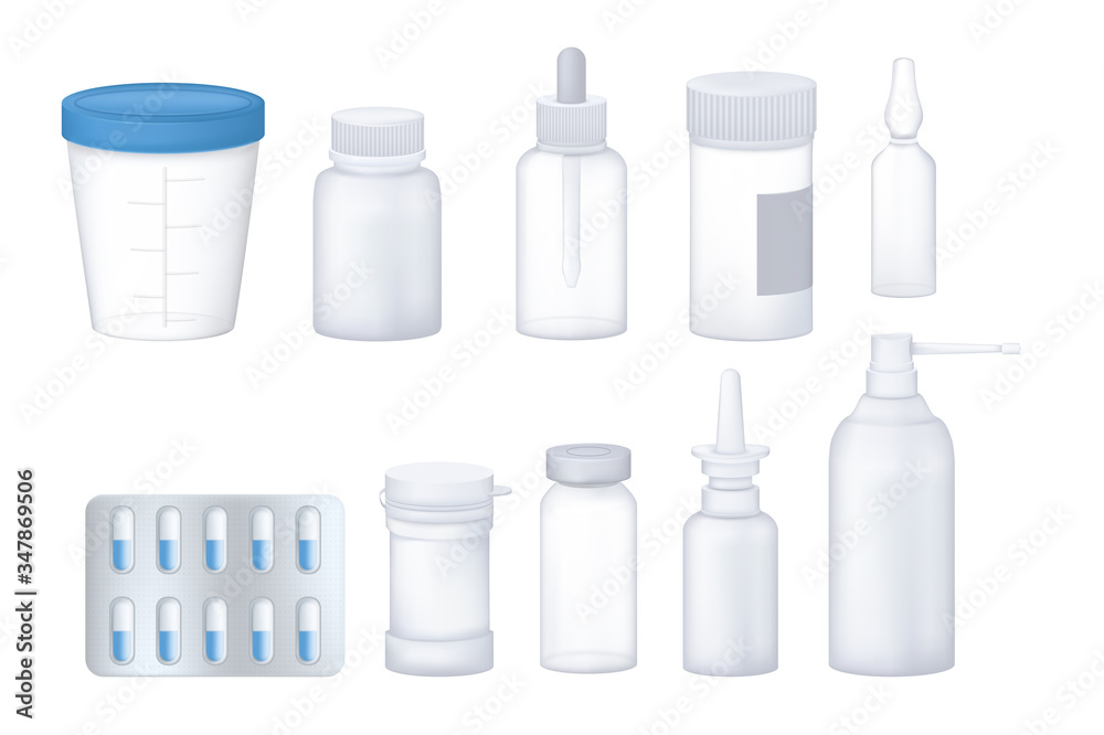 Pharmacy pharmaceutical set of empty, transparent 3D packaging for medicines. Pharmacy pharmaceutical set of empty, transparent 3D packaging for medicines.