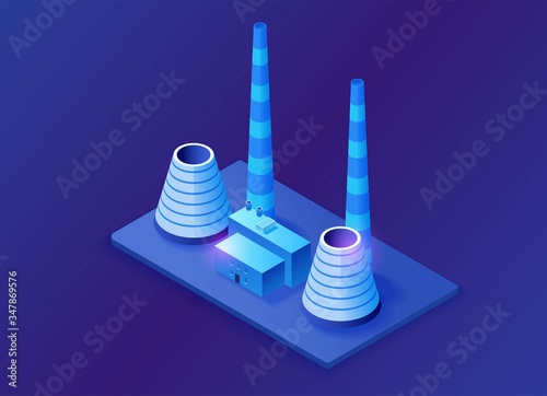 Thermal power plant 3d isometric concept, blue neon vector illustration of electric power station, electricity station building