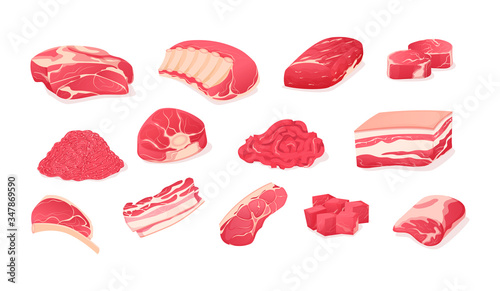 Set fragments of pork, beef meat. Assortment of meat slices.