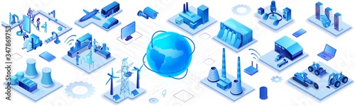 Industrial internet of things infographic horizontal banner, blue neon concept with factory, electric power station, globe 3d isometric icon, smart transport system, mining machines, data protection