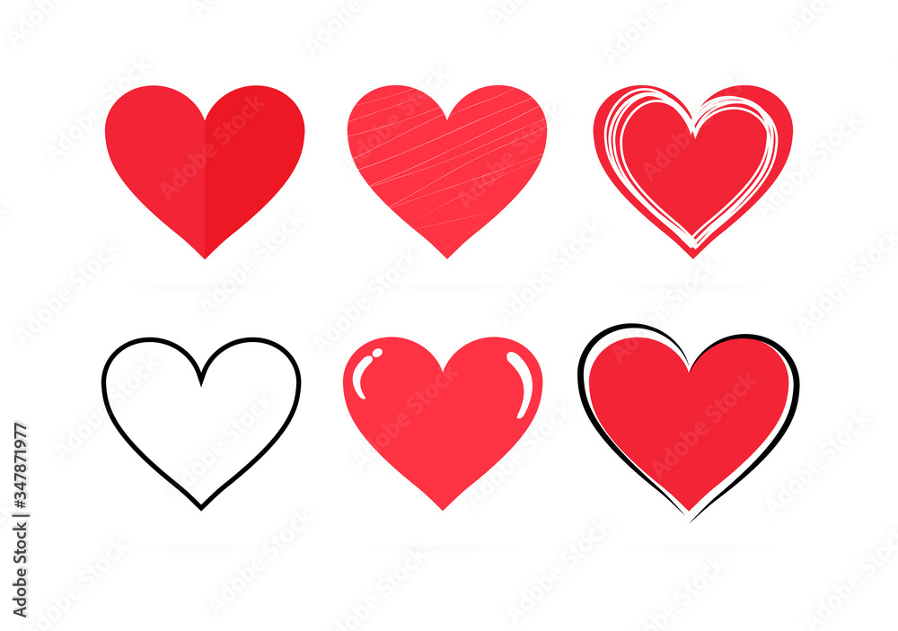 Collection of hand drawn red hearts on a white background. Symbol of love and care. Six beautiful different styles. Suitable for any style. Isolated easy to edit Flat Vector Illustration EPS 10