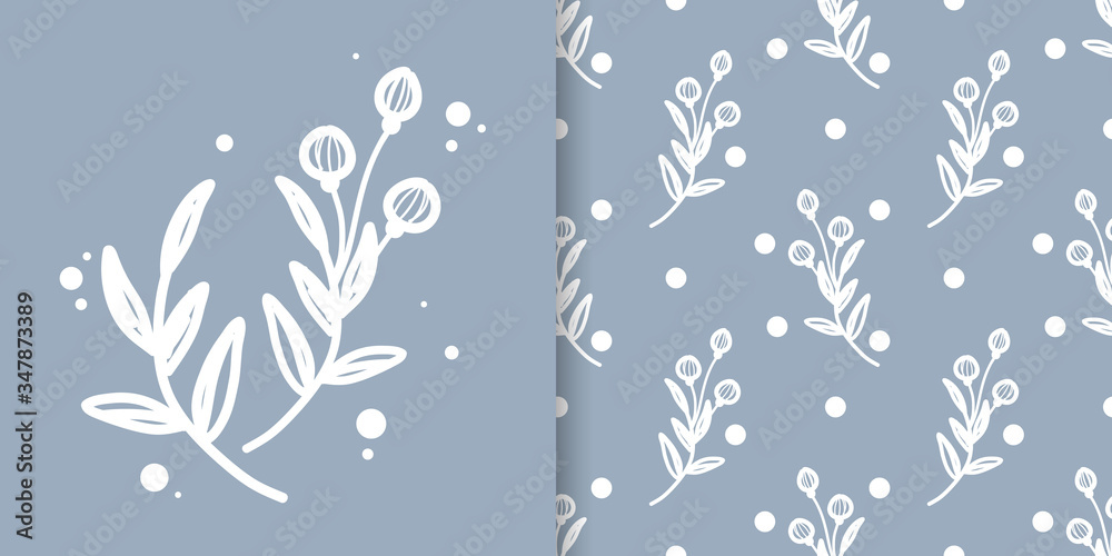 Cute floral seamless pattern of doodle flowers with  leaves on blue color background. Vector illustration.