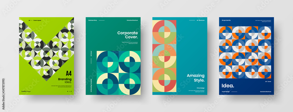 Obraz premium Company identity brochure template collection. Business presentation vector A4 vertical orientation front page mock up set. Corporate report cover abstract geometric illustration design layout bundle.