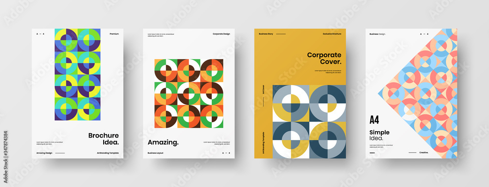 Company identity brochure template collection. Business presentation vector A4 vertical orientation front page mock up set. Corporate report cover abstract geometric illustration design layout bundle.