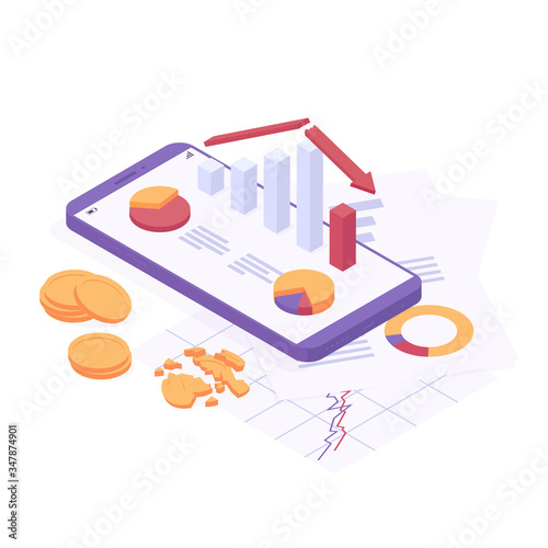 Economic crisis isometric vector illustration - business analysis graphic with falling trend on mobile phone.