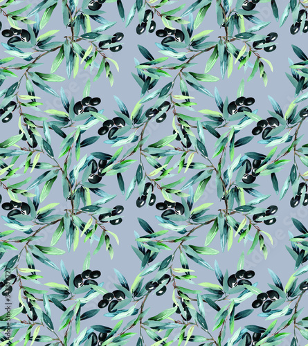 Olive Seamless Pattern. Watercolor Illustration.