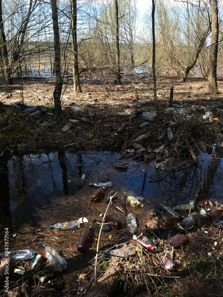Garbage in the forest. Plastic clogging of ecology and nature. Discarded bottles. Coastal pollution. Garbage in the forest. Plastic clogging of ecology and nature. Discarded bottles. Coastal pollution.