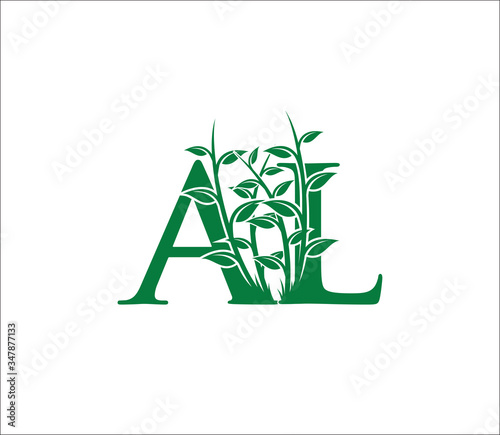Nature Green Leaves A, L and AL Letter Mark Logo Template.