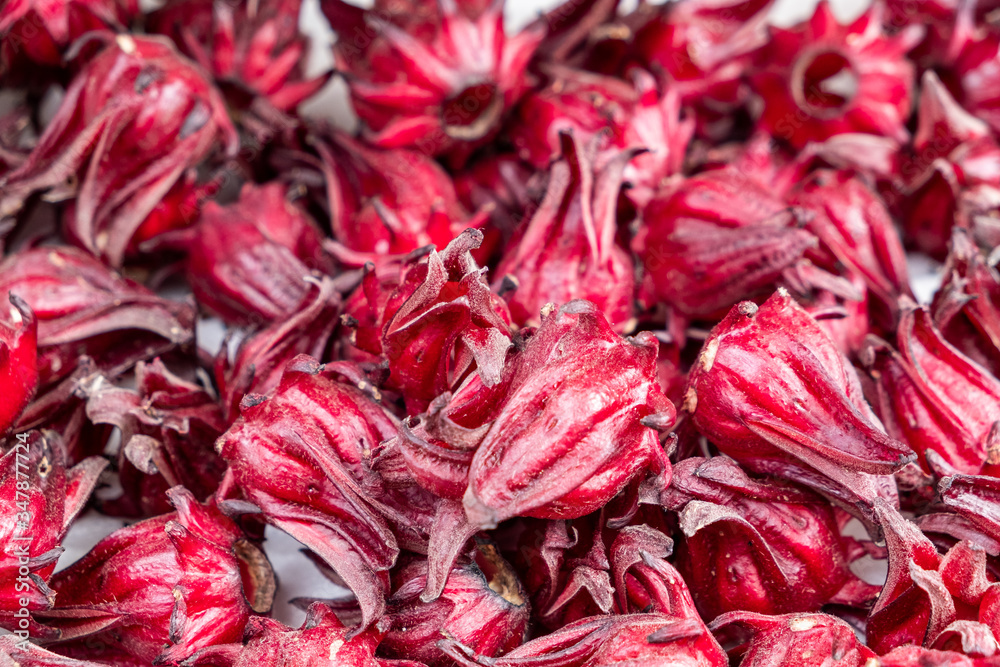 fresh red roselle fruit for make  herbal bhealthy beverage. concept food and nature
