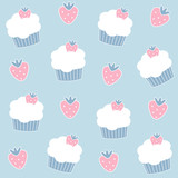 Cute lovely cartoon seamless vector pattern background illustration with cupcakes and strawberries