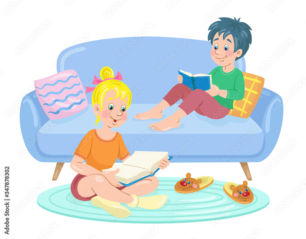 Funny boy is sitting on a blue sofa and reading a book. Nice girl is sitting on the floor cross-legged. In cartoon style. Isolated on white background. Vector flat illustration.