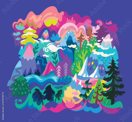 Nature landscape print in modern style. Vector Illustration