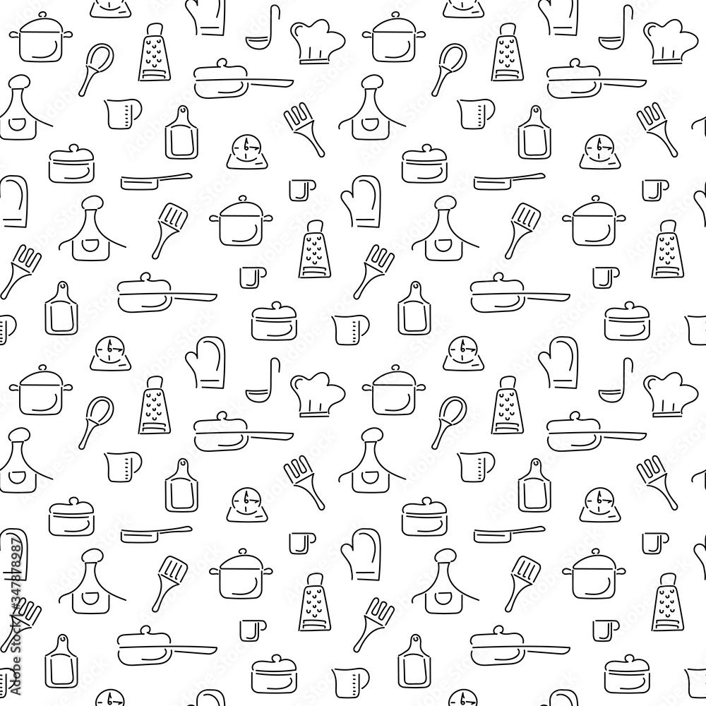 Kitchen utensils and tools to cook. Vector seamless pattern. Background in the Doodle style Kitchen utensils and tools to cook. Vector seamless pattern. Background in the Doodle style