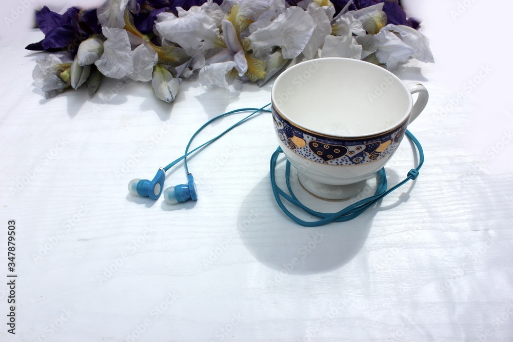 Blue flowers with headphones in a white porcelain cup with a blue-gold engraving. On a white background, a porcelain cup with a blue iris flower and headphones.