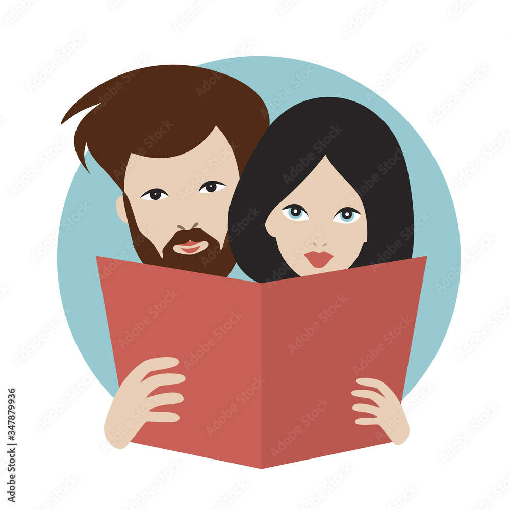 Man and woman reading a book together. Flat vector. Man and woman reading a book together. Flat vector.
