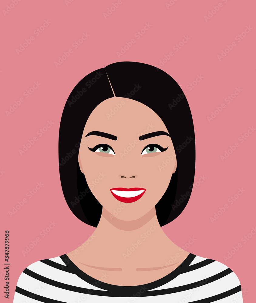 Avatar for social networks. Portrait of a young green-eyed European woman with black hair with a square haircut. The girl smiles. Vector stock flat illustration Avatar for social networks. Portrait of a young green-eyed European woman with black hair with a square haircut. The girl smiles. Vector stock flat illustration