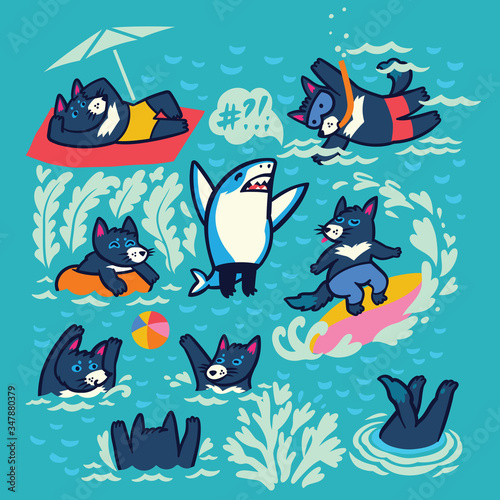 Collection of Tasmanian devil characters in the water © penguin_house