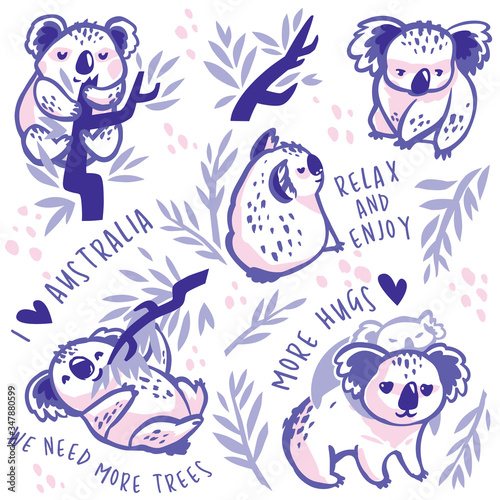 Cute koala characters with text. Vector Illustration