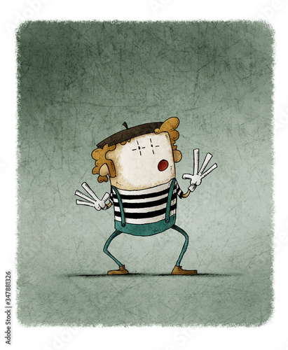 funny illustration of a mime with white painted face and striped t-shirt gesturing photo