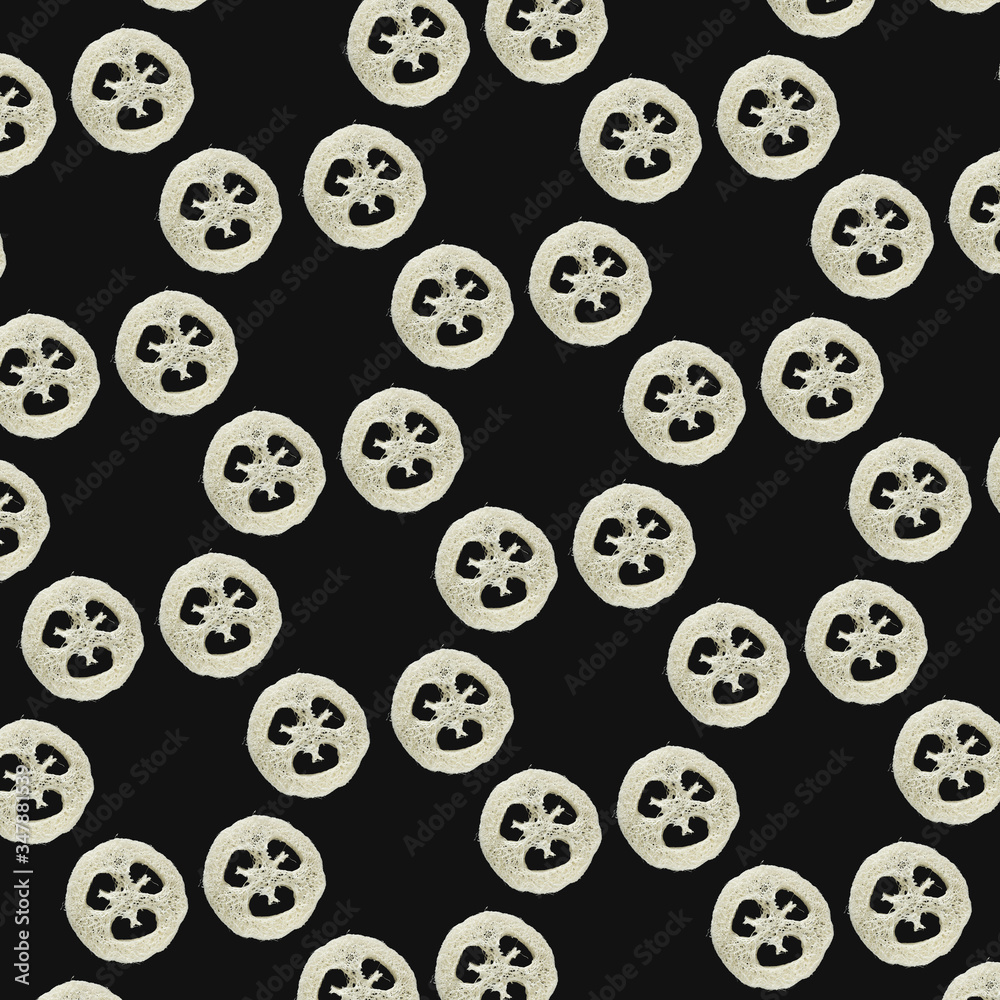 Seamless pattern of white loofah sponges on minimal black background Seamless pattern of white loofah sponges on minimal black background