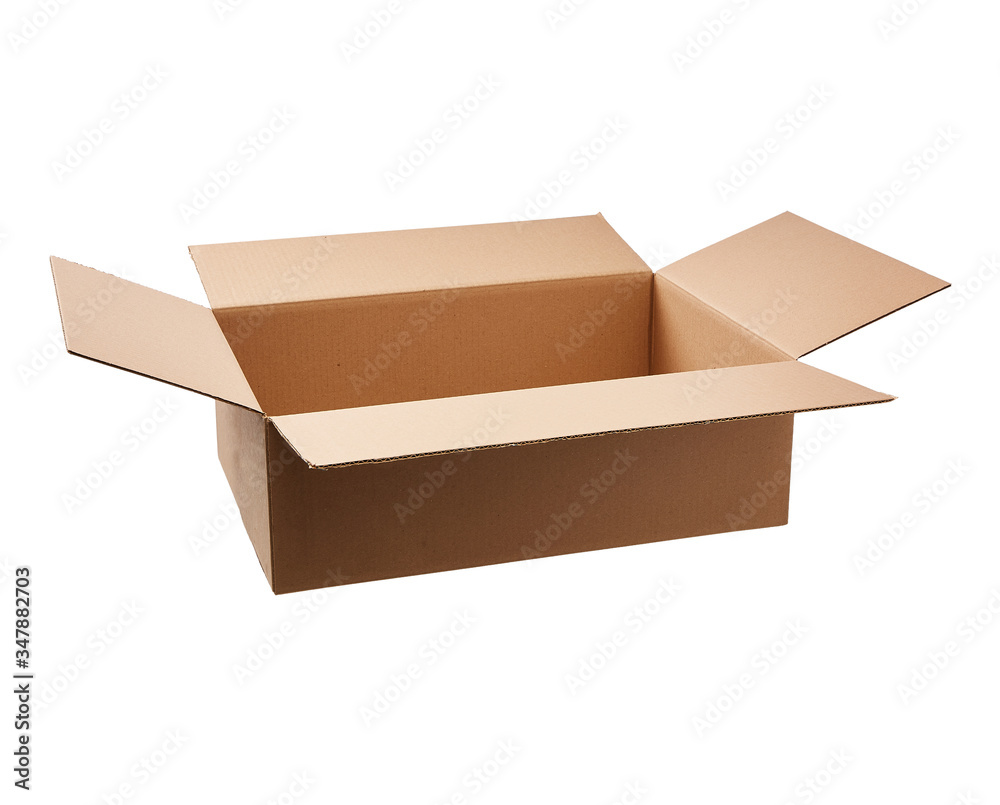 Caja de cartón abierta sobre fondo blanco sin sombras.
Caja de cartón abierta sobre fondo blanco sin sombras.