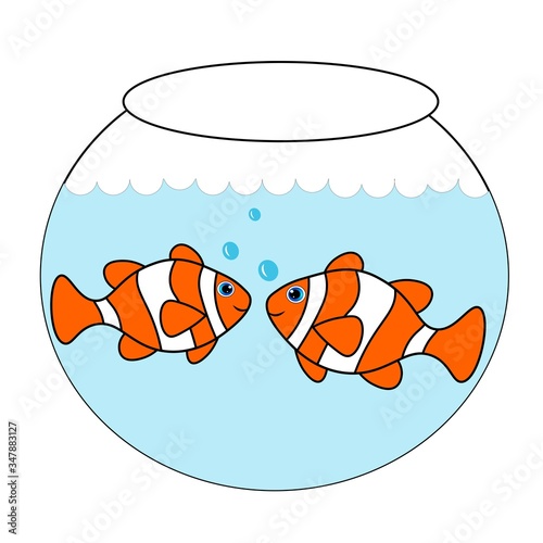 Clown fish in a fishbowl  illustration. Cartoon character in  vector