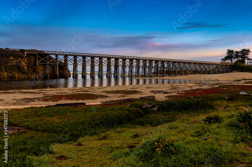 Pudding Creek Trestle, Fort Braggs Historic Bridge, overview on a cloudless morning, low tide