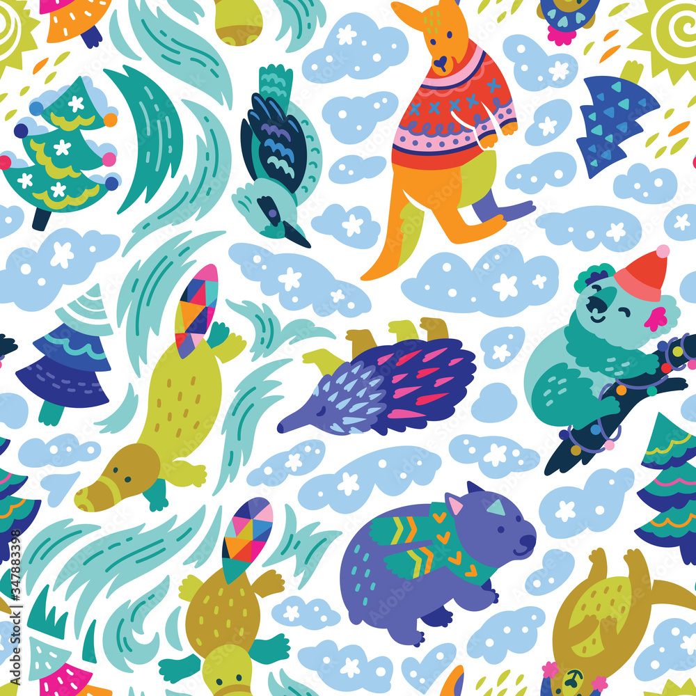 Fototapeta premium Christmas Australian animals endless background in vector