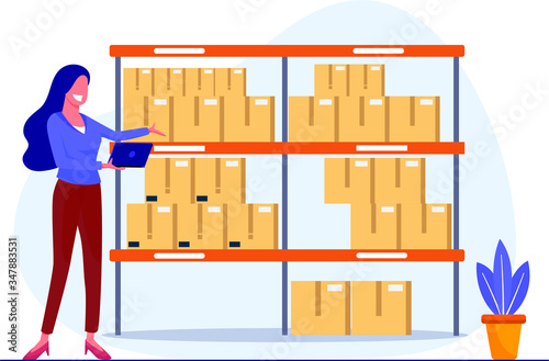 A warehouse with a box on a shelf and a woman working on a laptop. Modern flat style vector illustration design on a white background for a website or landing page