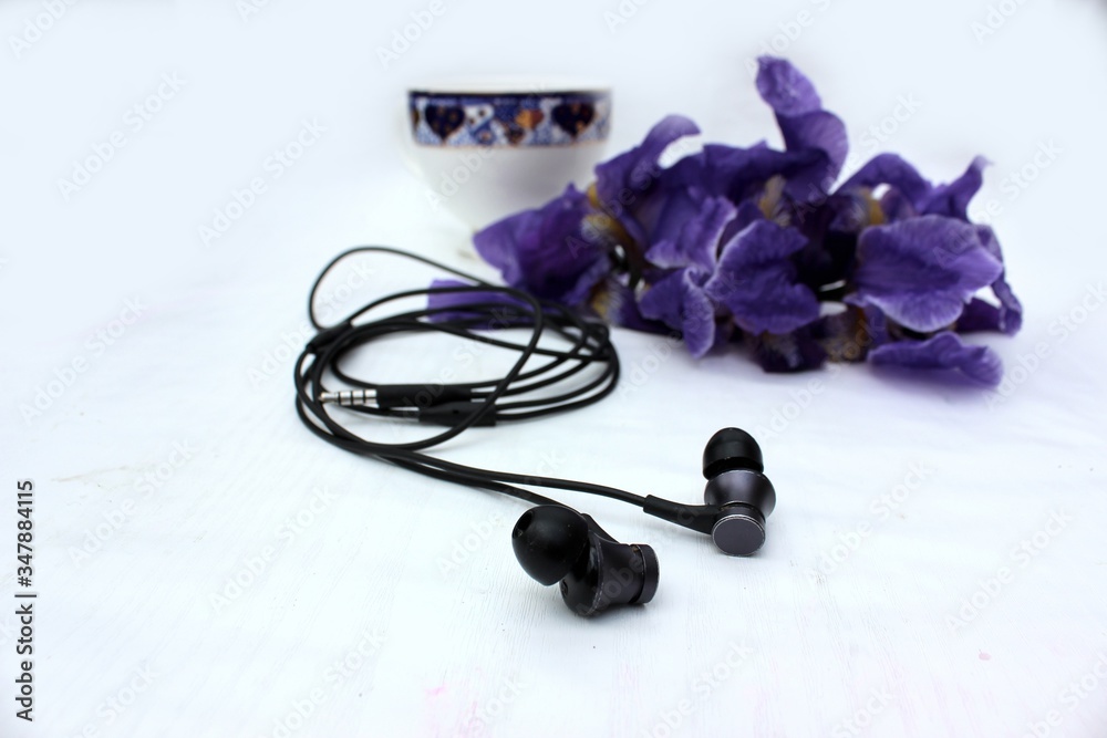Black headphones isolated on white, in the background flowers. Black earphone on a background of blue iris flowers isolated on white. Side view, copyspace