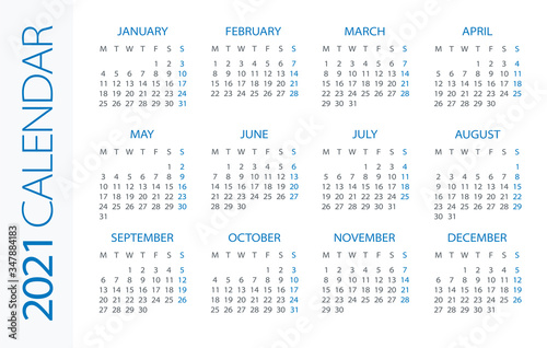 Calendar 2021 Horizontal - illustration. Week starts on Monday
