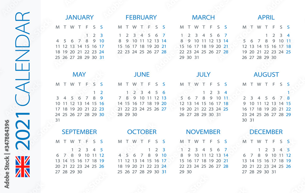 Calendar 2021 Horizontal - illustration. English version. Week starts on Monday