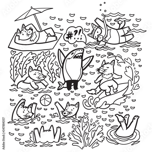 Coloring print with cute Tasmanian devil characters in the water