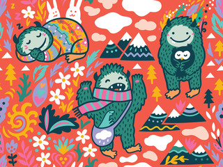 Acrylglasbilder Monstermuster Lustige Bigfoot Figuren in der Natur  © penguin_house