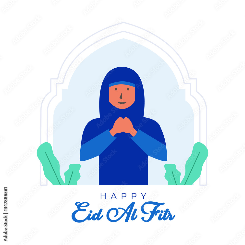 Happy eid al fitr background with flat illustration female muslim