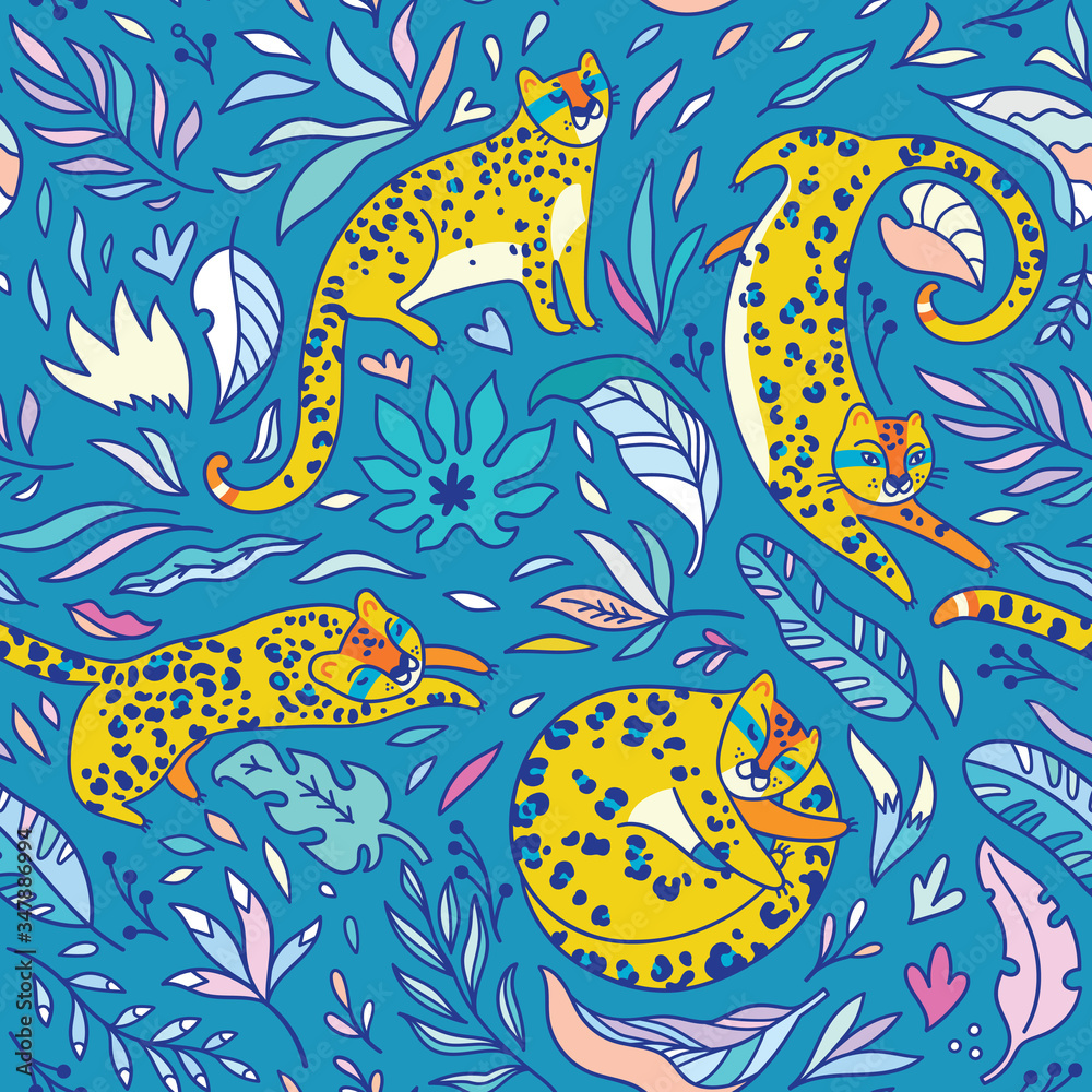 Obraz premium Seamless pattern with yellow leopards. Vector illustration
